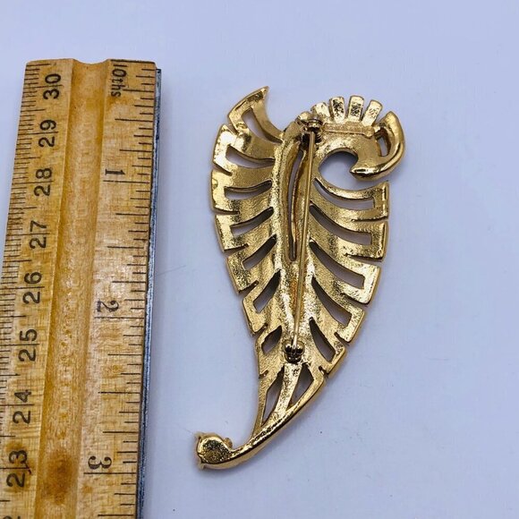 Vintage Nina Ricci Brooch Rhinestones Gold Tone Leaf 3" Classic Collectible - Picture 7 of 8